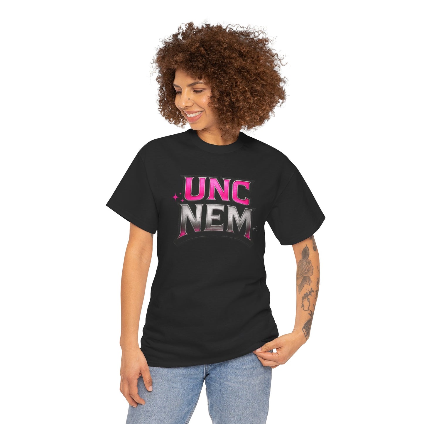 Woman's UNC NEM Graphic Tee — Retro Pink & Black Logo Shirt