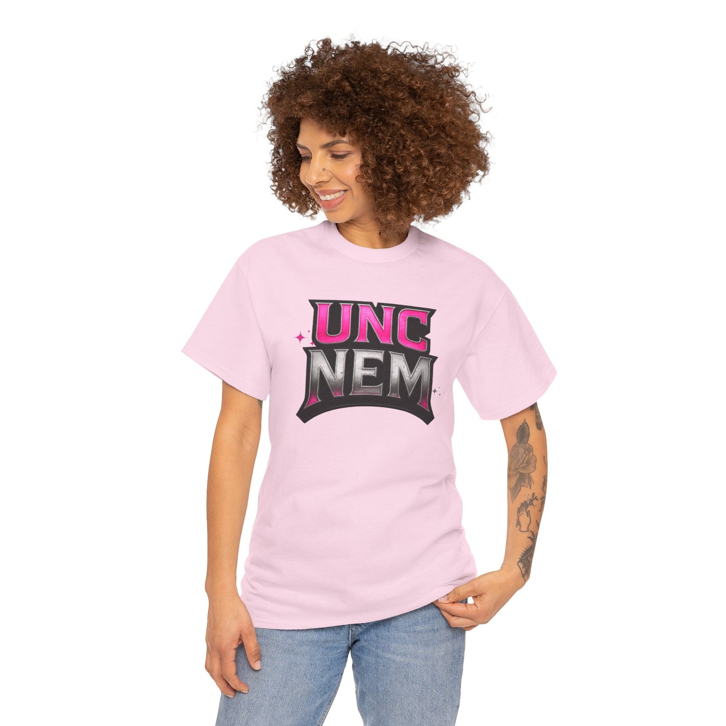 Woman's UNC NEM Graphic Tee — Retro Pink & Black Logo Shirt